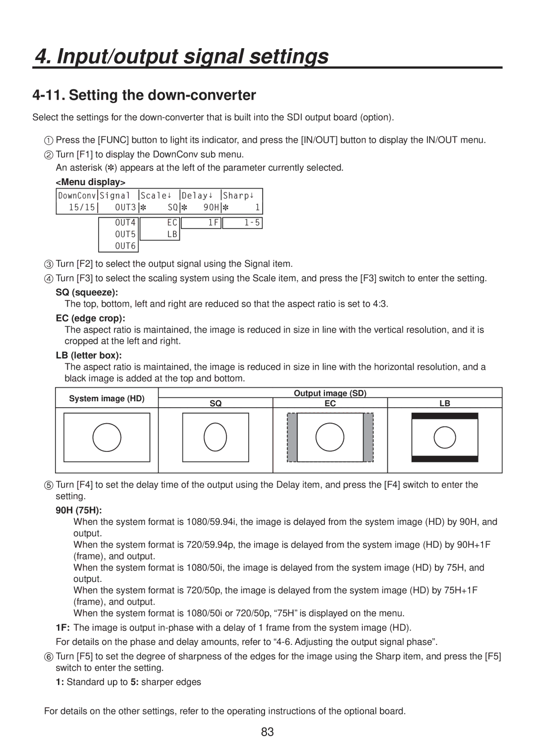 Panasonic AV-HS400AE manual Setting the down-converter, SQ squeeze, EC edge crop, LB letter box, 90H 75H 