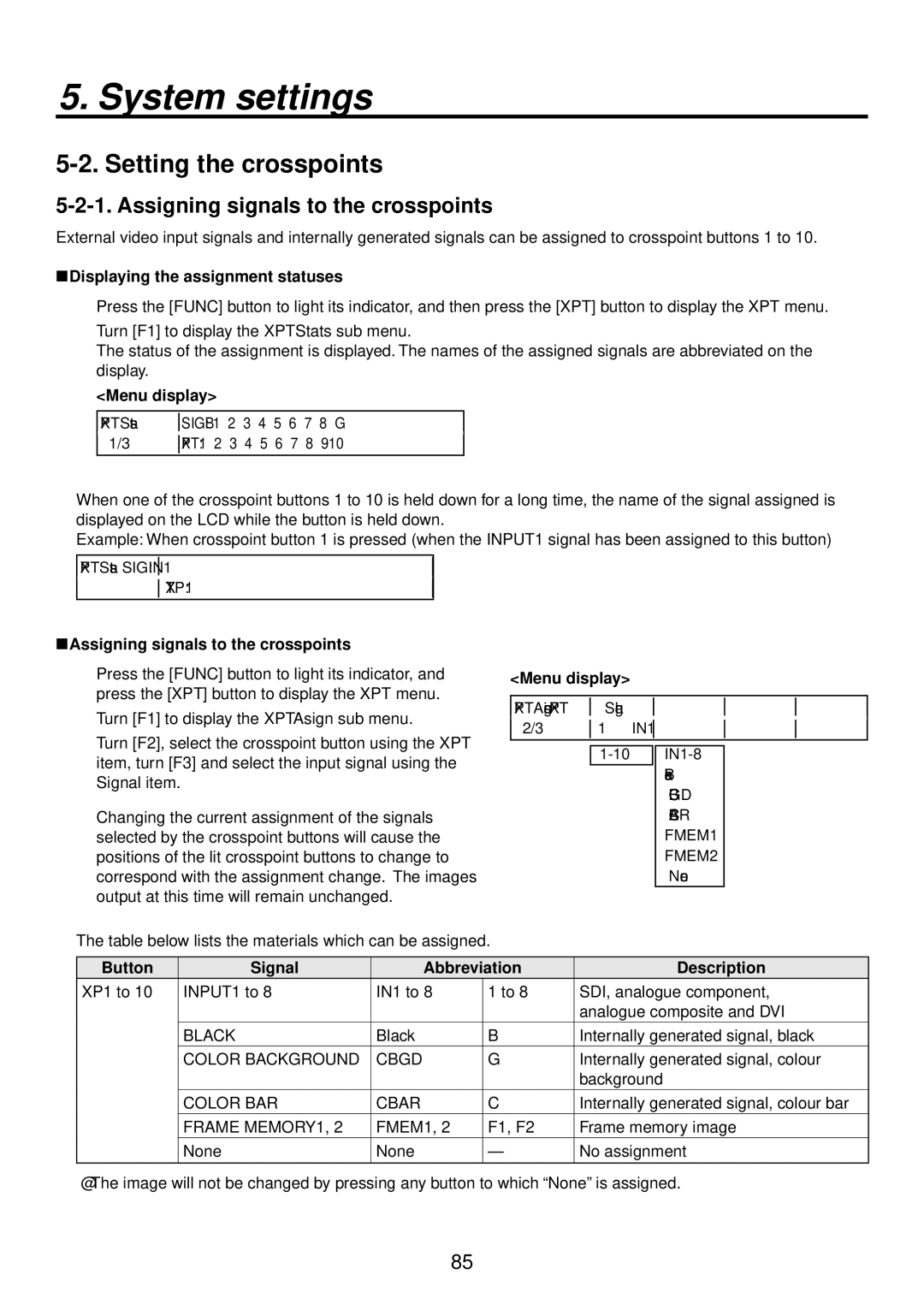 Panasonic AV-HS400AE Setting the crosspoints, Assigning signals to the crosspoints, Displaying the assignment statuses 