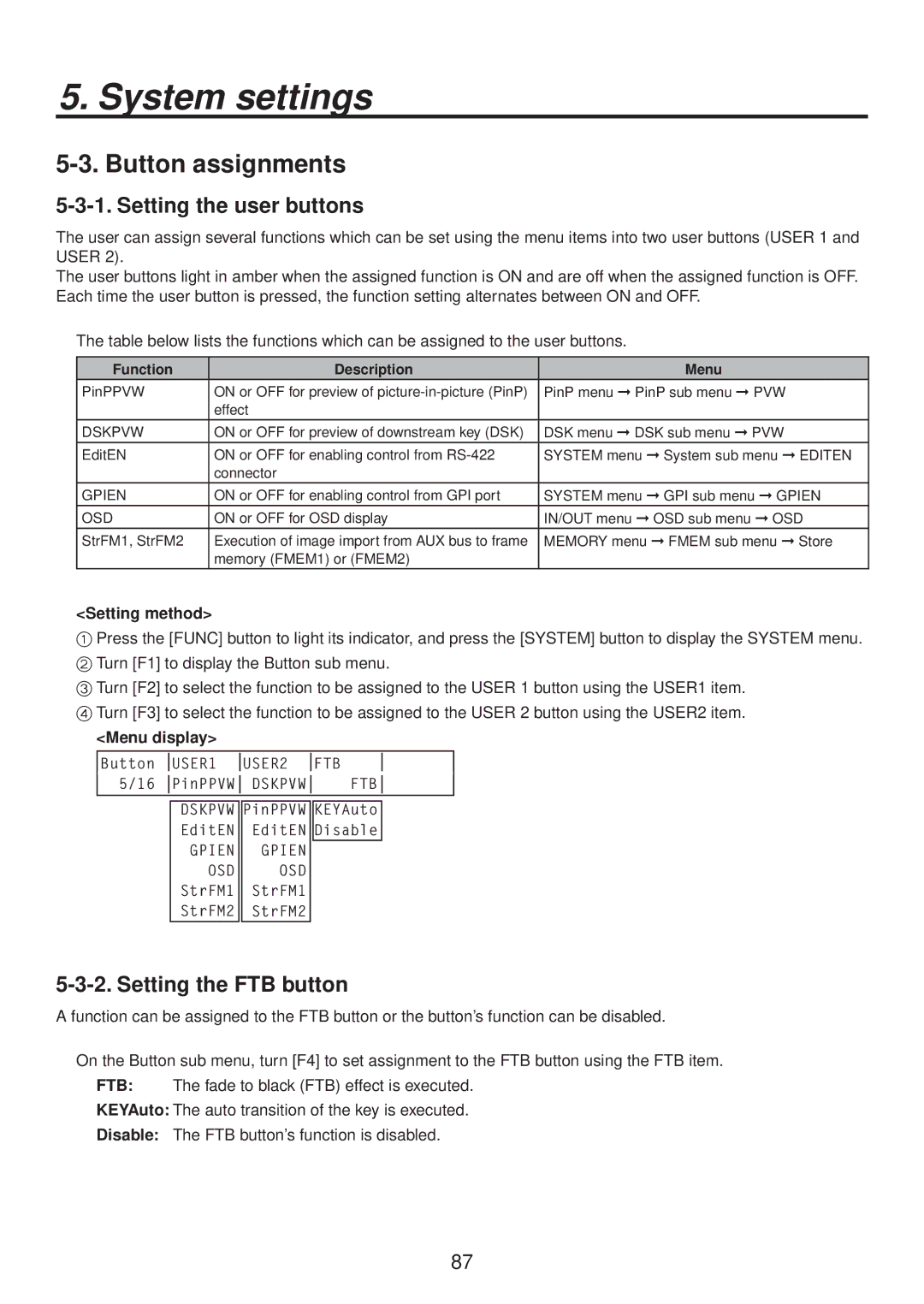 Panasonic AV-HS400AE manual Button assignments, Setting the user buttons, Setting the FTB button, Setting method 