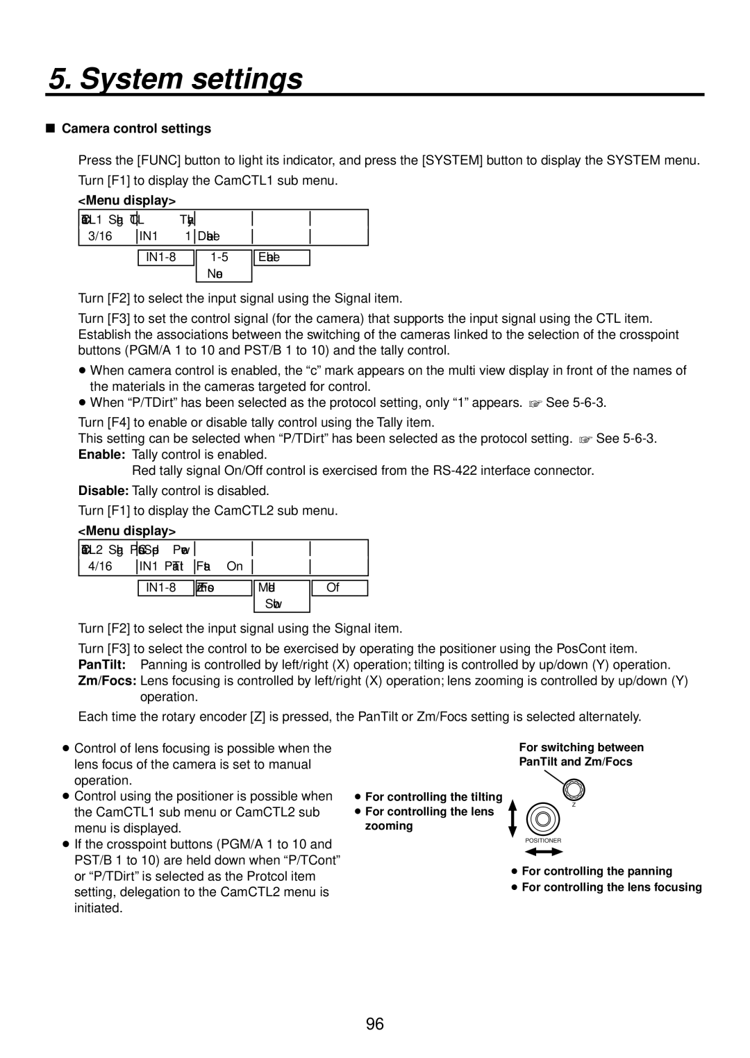 Panasonic AV-HS400AE manual  Camera control settings,  For controlling the lens zooming 