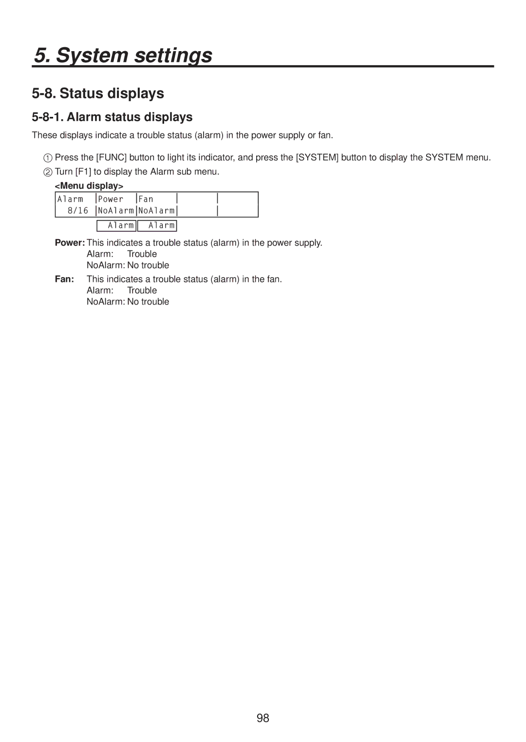 Panasonic AV-HS400AE manual Status displays, Alarm status displays 