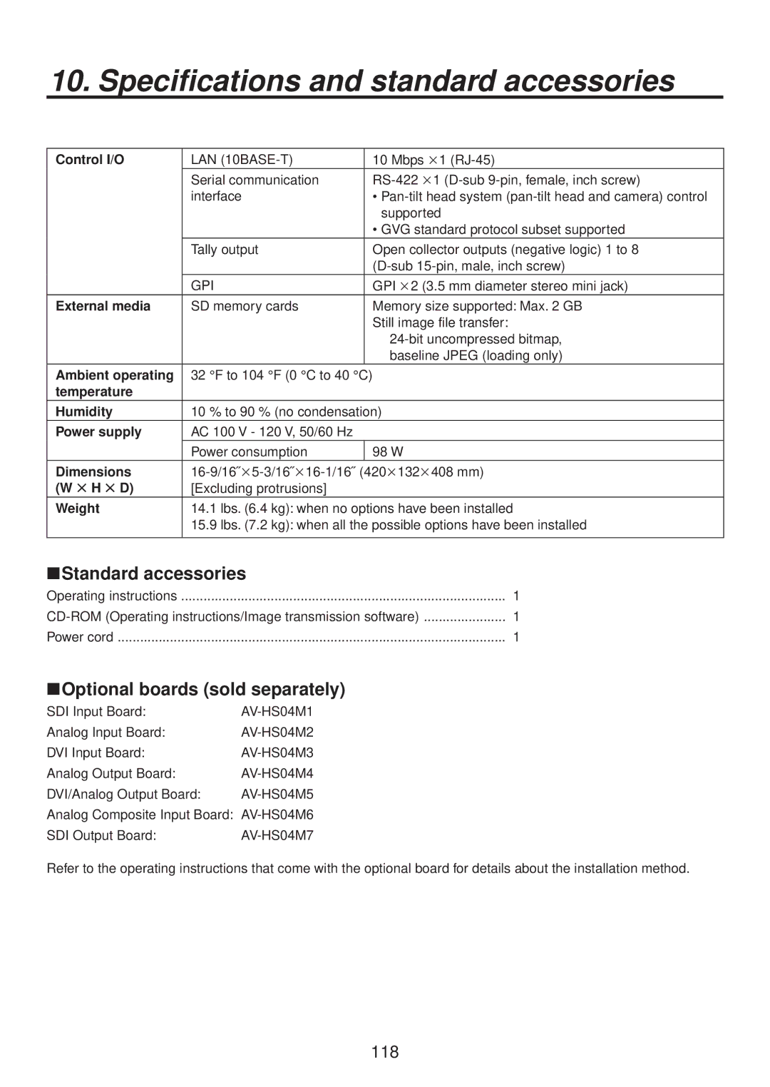 Panasonic AV-HS400AN manual Standard accessories, Optional boards sold separately 