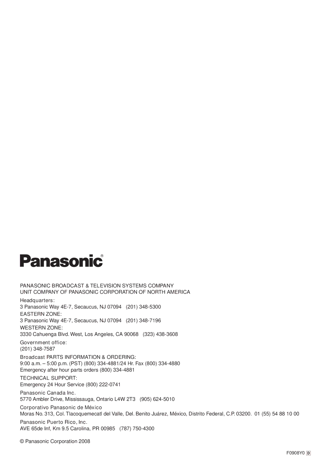 Panasonic AV-HS400AN manual Headquarters, Government office, Broadcast Parts Information & Ordering, Panasonic Canada Inc 