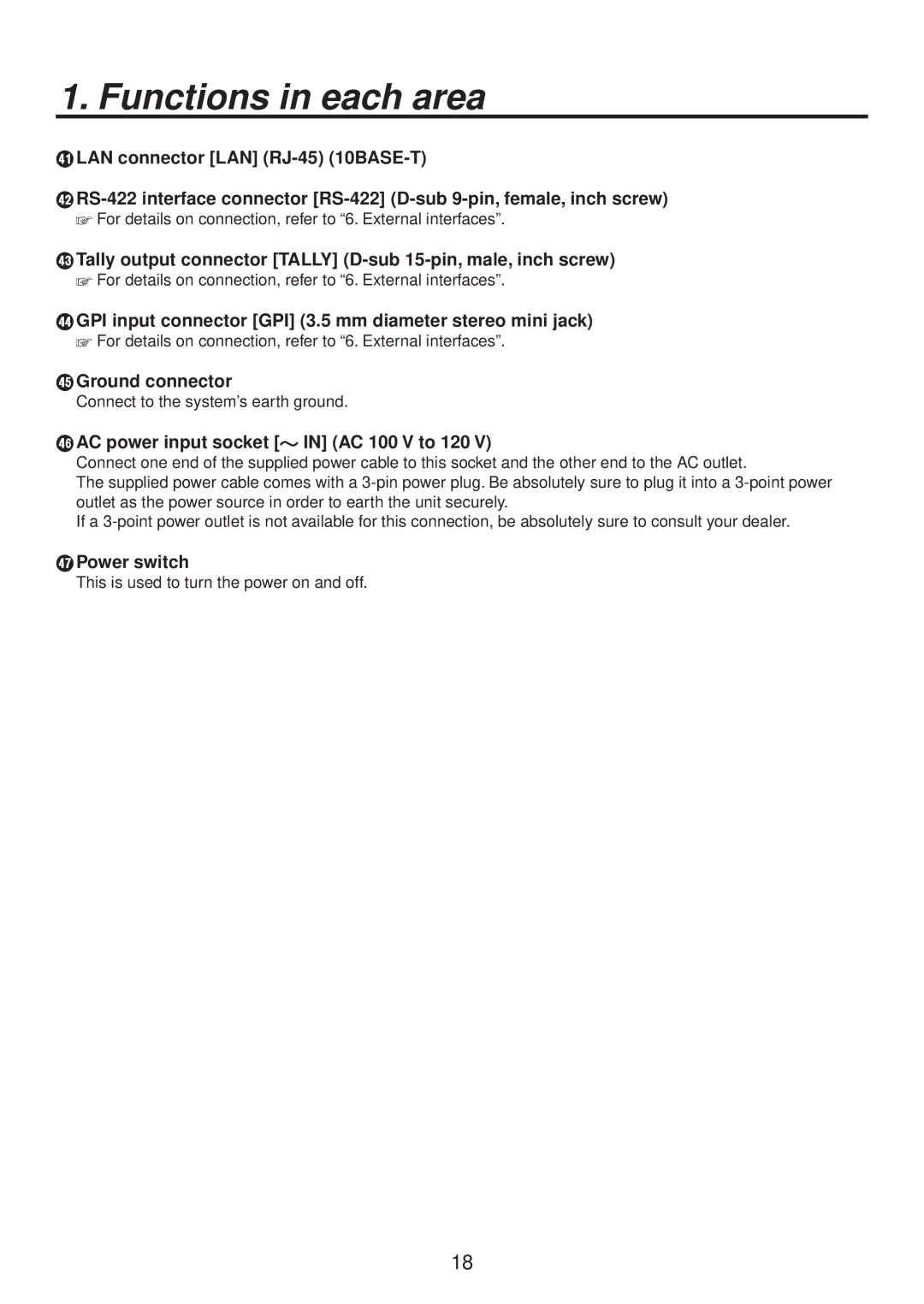 Panasonic AV-HS400AN manual Tally output connector Tally D-sub 15-pin, male, inch screw, Ground connector, Power switch 