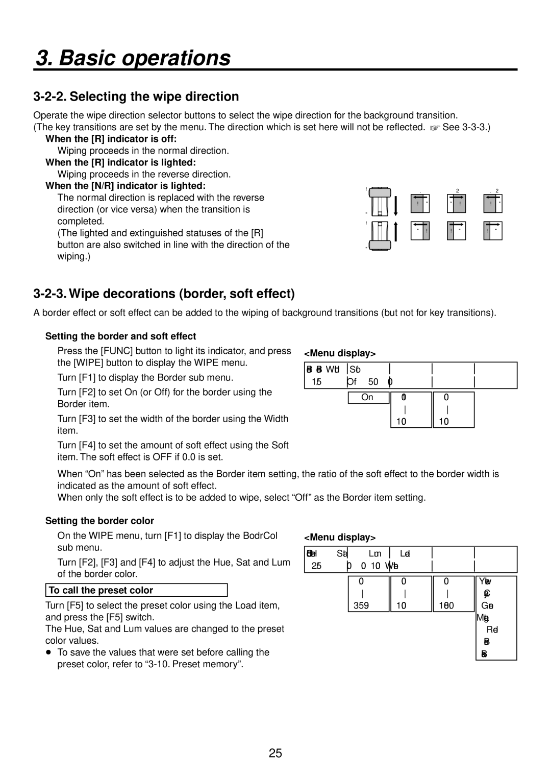 Panasonic AV-HS400AN manual Selecting the wipe direction, Wipe decorations border, soft effect,  Setting the border color 