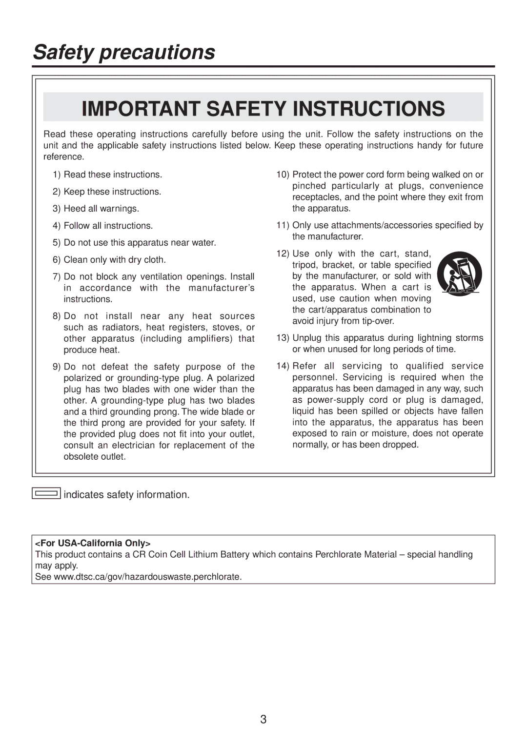 Panasonic AV-HS400AN manual Important Safety Instructions, For USA-California Only 