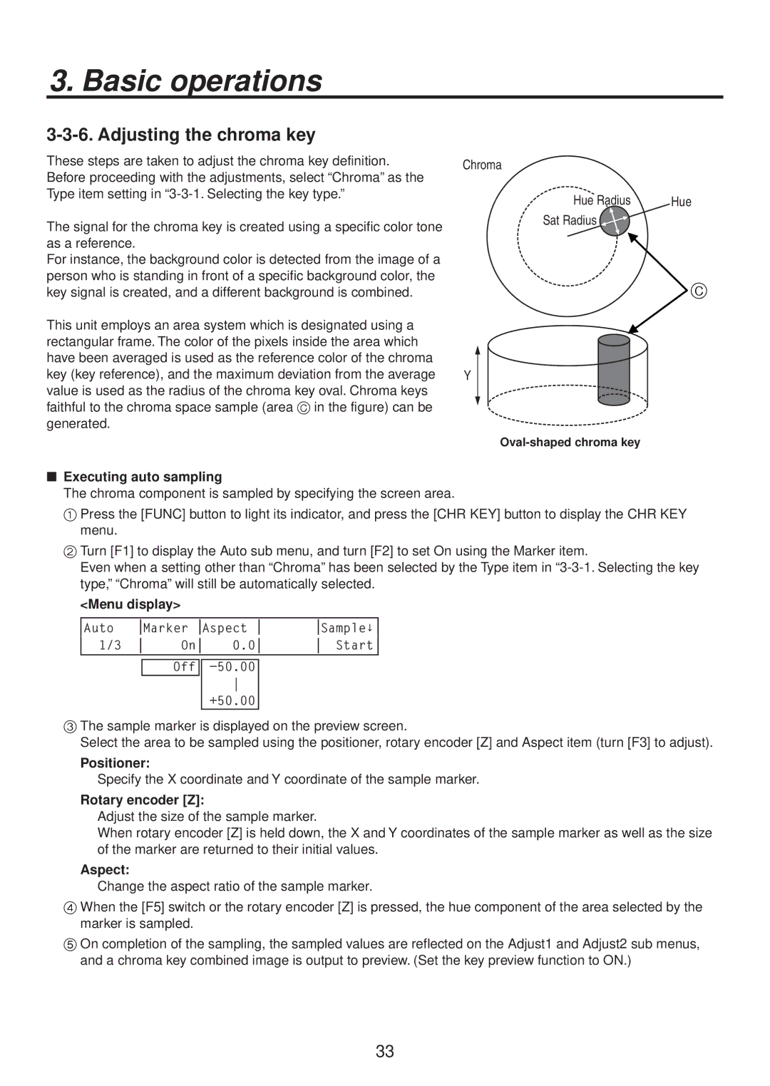 Panasonic AV-HS400AN manual Adjusting the chroma key,  Executing auto sampling, Positioner, Rotary encoder Z, Aspect 