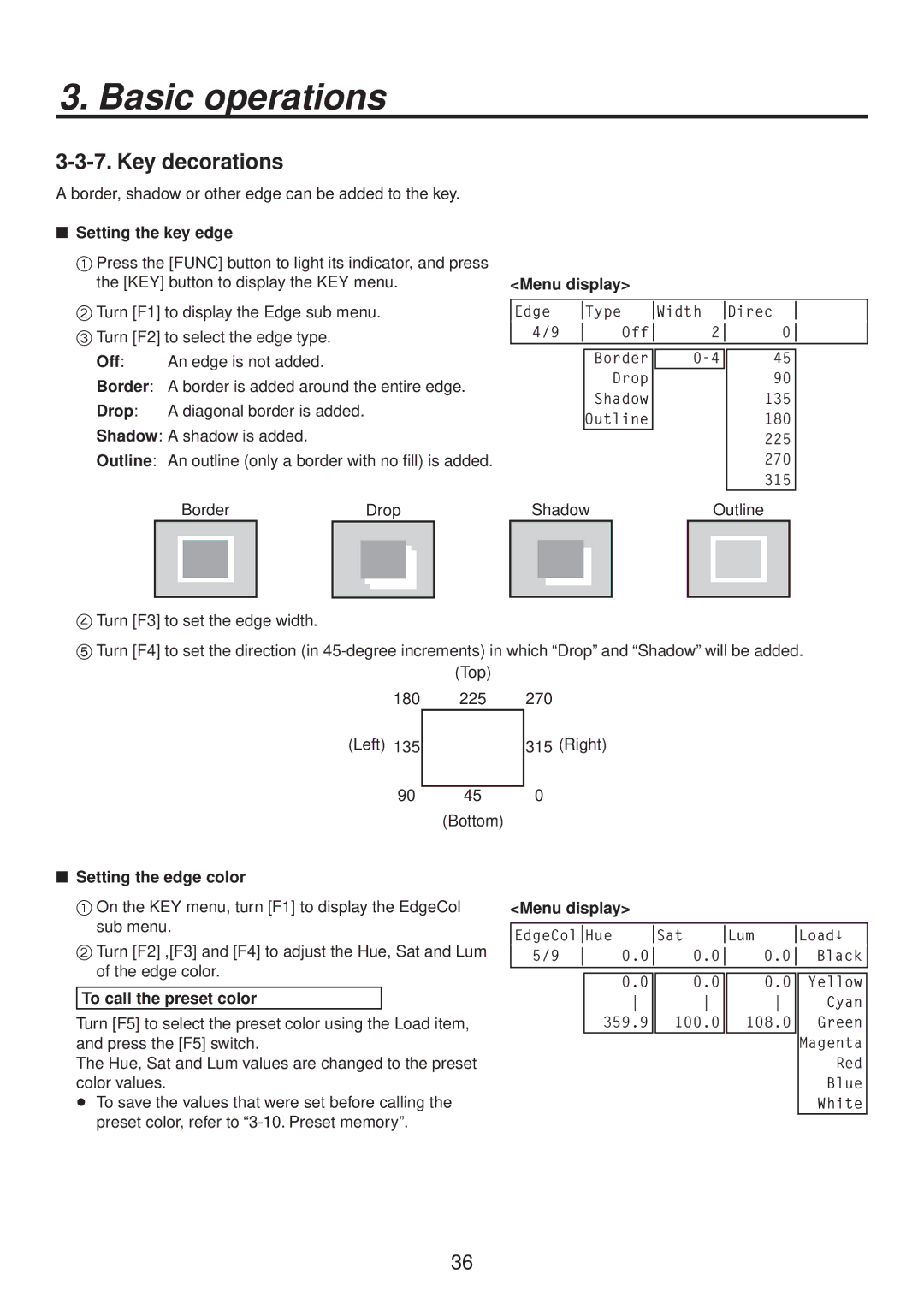 Panasonic AV-HS400AN manual Key decorations,  Setting the key edge,  Setting the edge color 