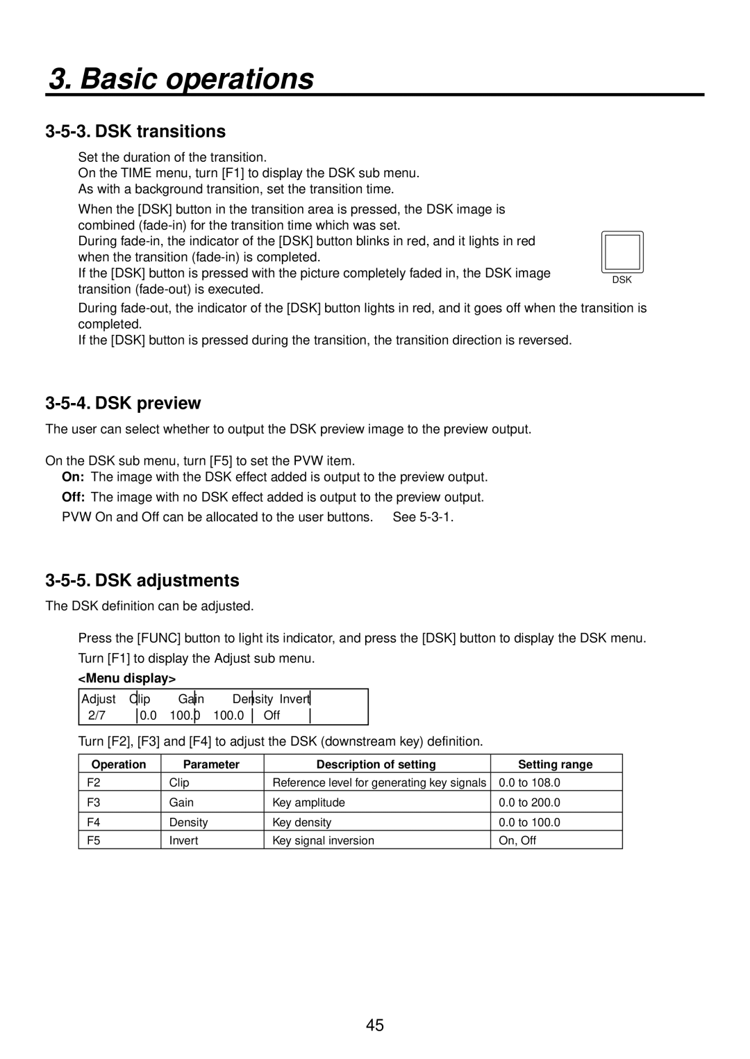 Panasonic AV-HS400AN manual DSK transitions, DSK preview, DSK adjustments 