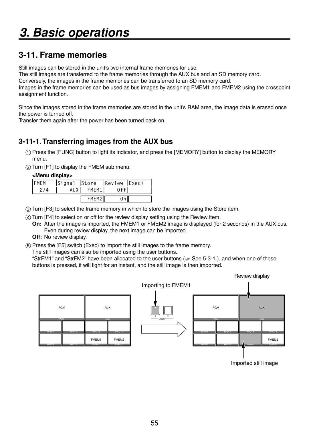 Panasonic AV-HS400AN manual Frame memories, Transferring images from the AUX bus 