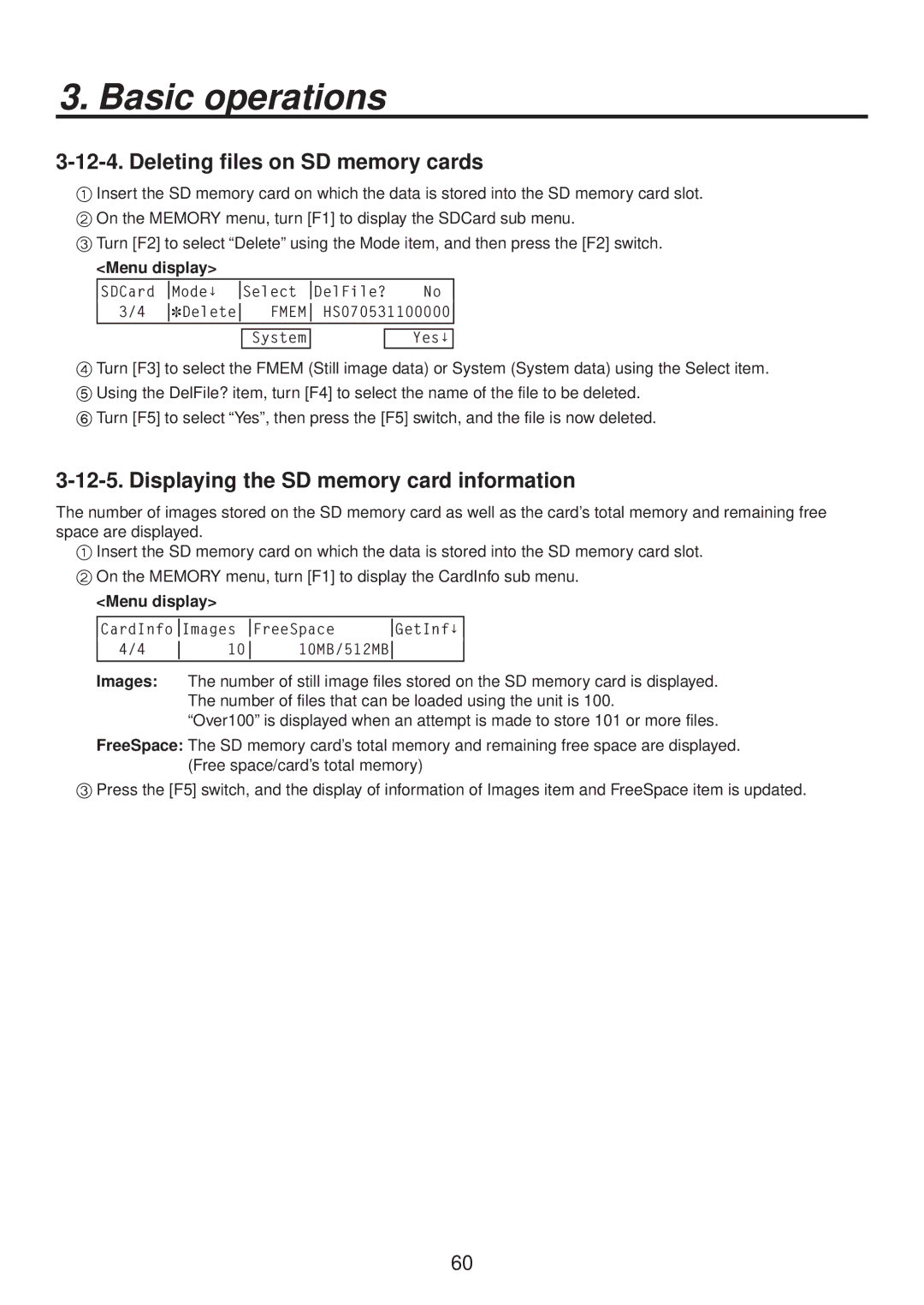 Panasonic AV-HS400AN manual Deleting files on SD memory cards, Displaying the SD memory card information 