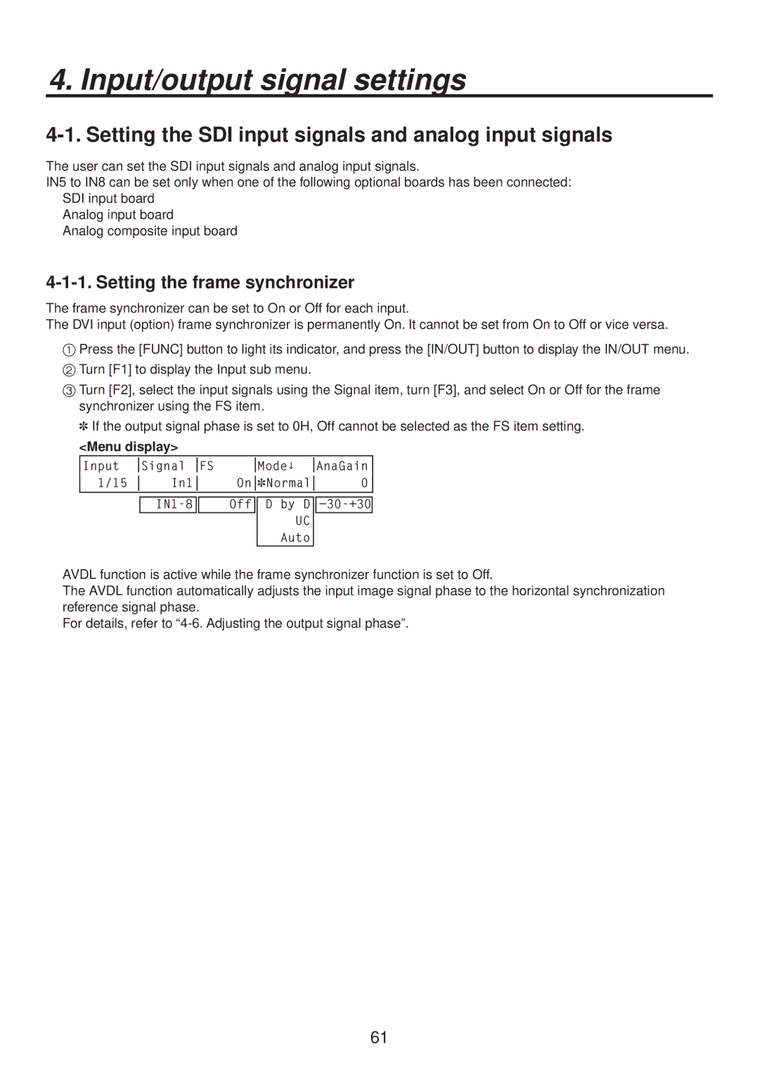 Panasonic AV-HS400AN manual Input/output signal settings, Setting the SDI input signals and analog input signals 