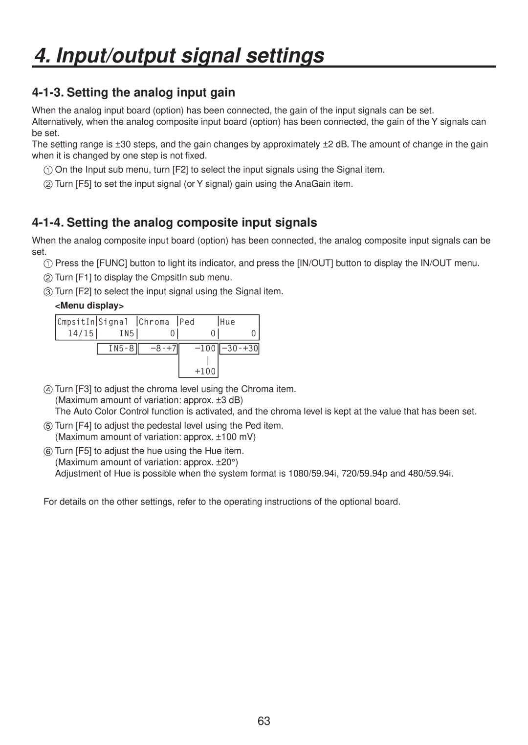 Panasonic AV-HS400AN manual Setting the analog input gain, Setting the analog composite input signals 