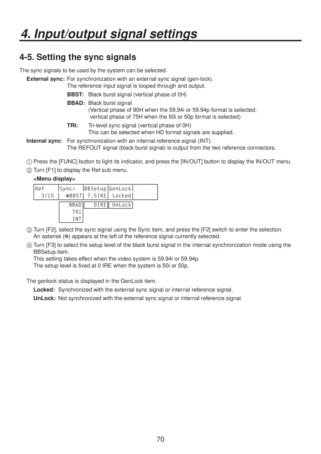 Panasonic AV-HS400AN manual Setting the sync signals 