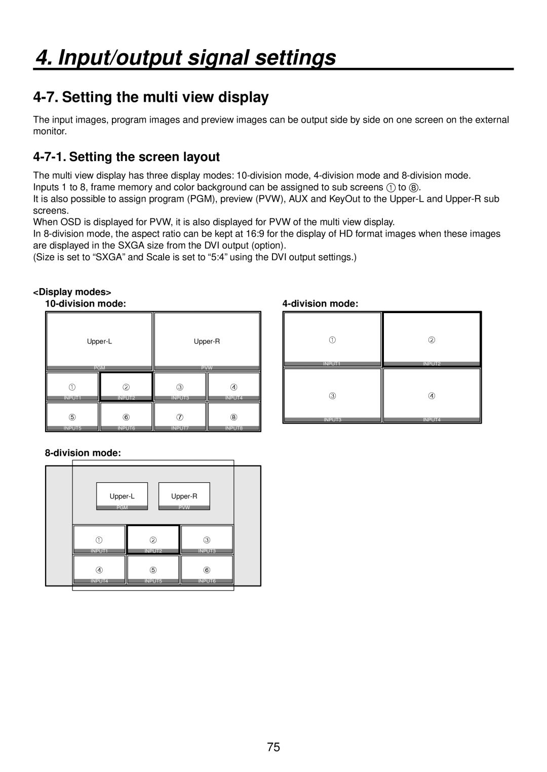 Panasonic AV-HS400AN manual Setting the multi view display, Setting the screen layout, Display modes Division mode 