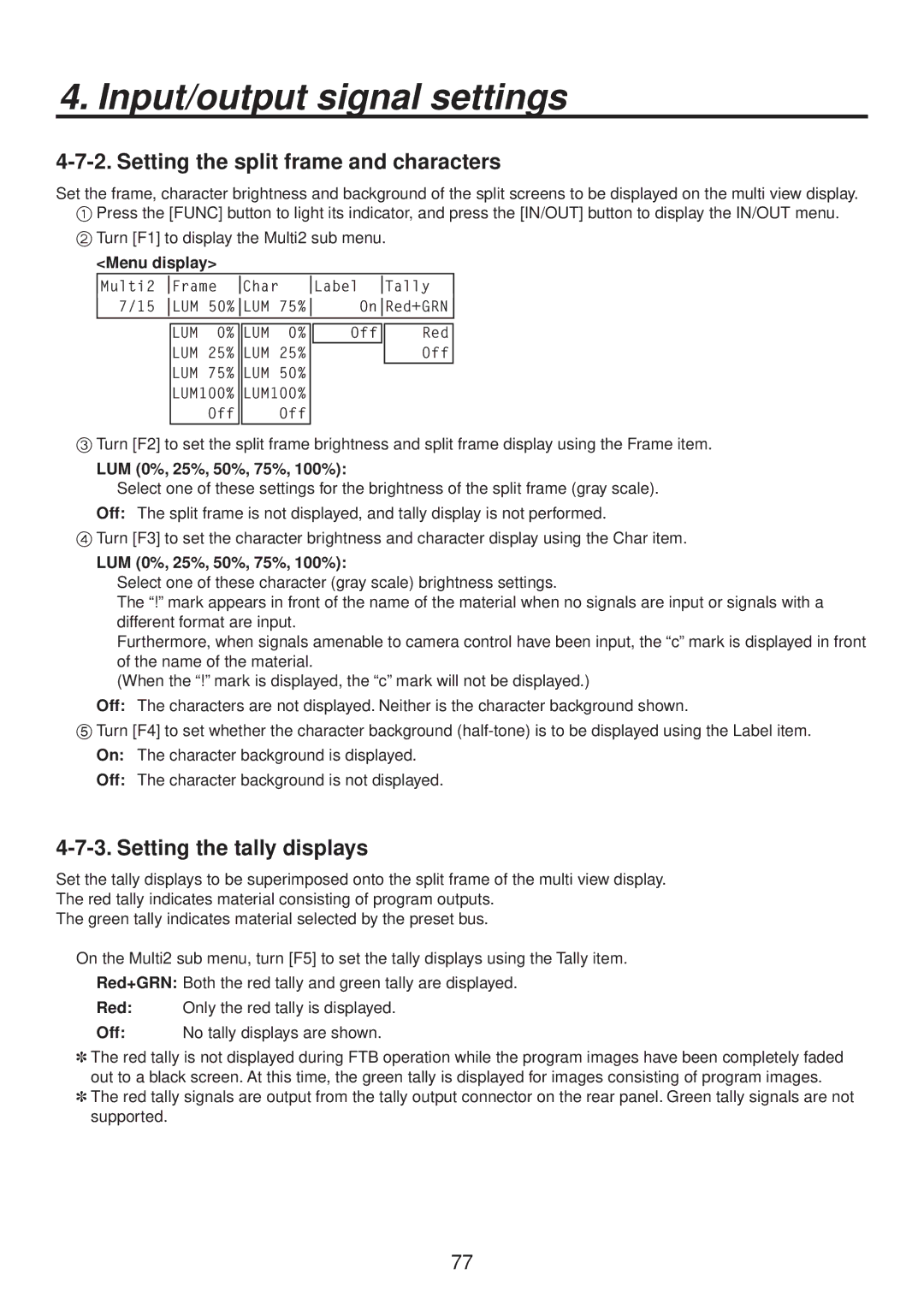 Panasonic AV-HS400AN manual Setting the split frame and characters, Setting the tally displays, LUM 0%, 25%, 50%, 75%, 100% 