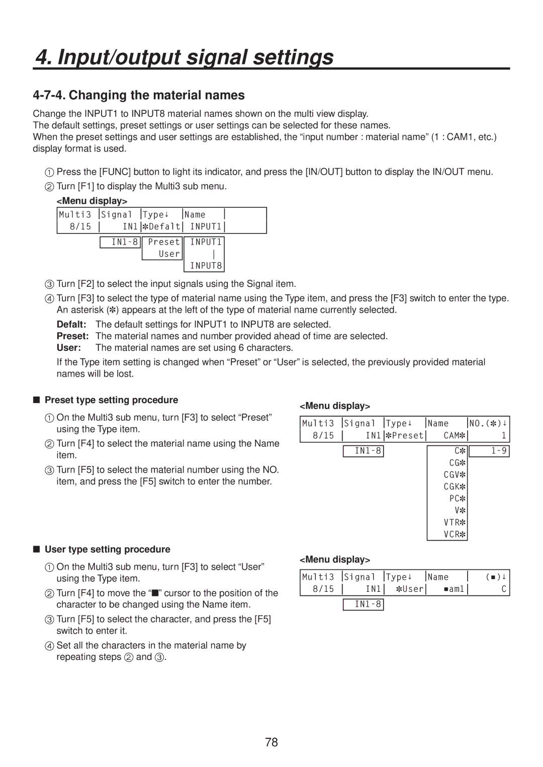 Panasonic AV-HS400AN manual Changing the material names,  Preset type setting procedure,  User type setting procedure 