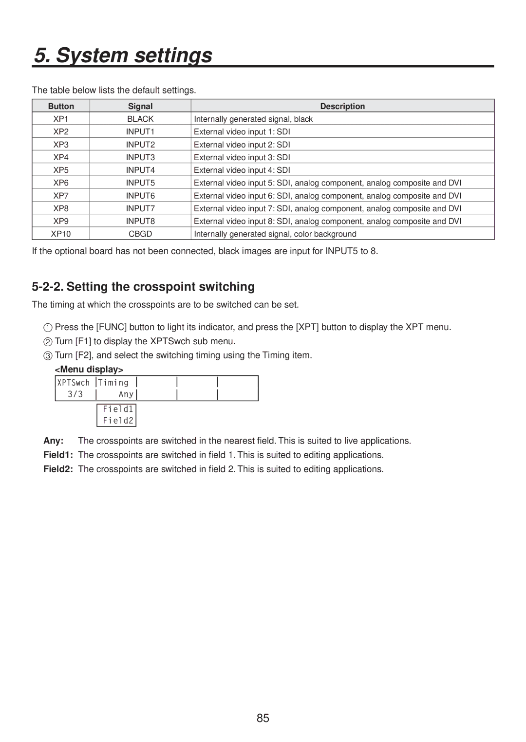 Panasonic AV-HS400AN manual Setting the crosspoint switching, Button Signal Description 