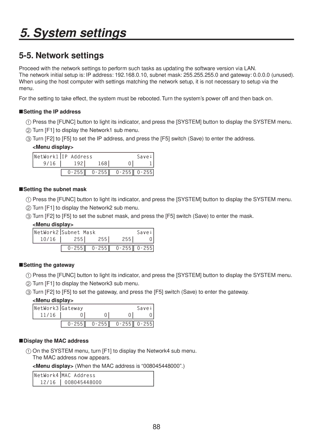 Panasonic AV-HS400AN manual Network settings, Setting the IP address, Setting the subnet mask, Setting the gateway 