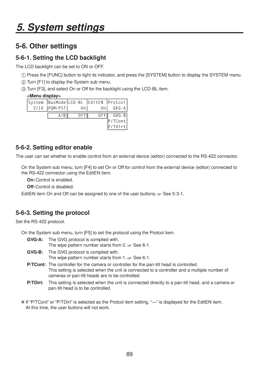 Panasonic AV-HS400AN manual Other settings, Setting the LCD backlight, Setting editor enable, Setting the protocol 