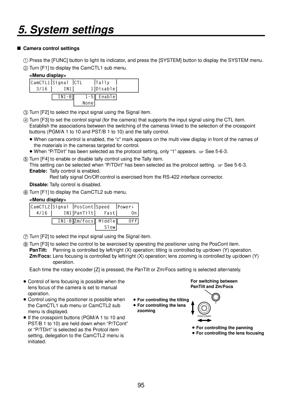 Panasonic AV-HS400AN manual  Camera control settings,  For controlling the lens zooming 