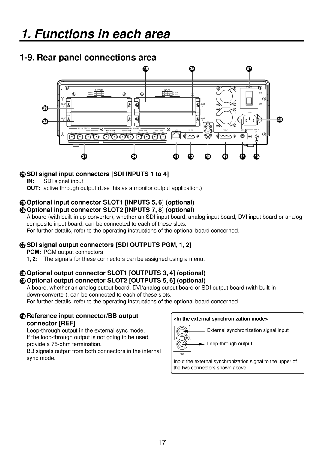 Panasonic AV-HS400AN Rear panel connections area, Functions in each area, R SDI signal input connectors SDI INPUTS 1 to 