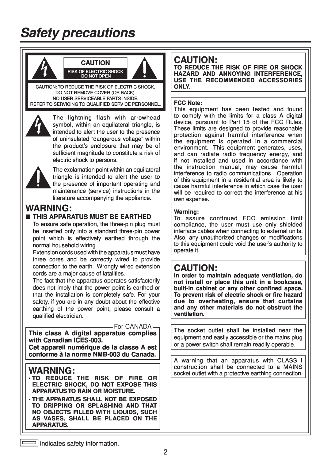 Panasonic AV-HS400AN manual Safety precautions,  This Apparatus Must Be Earthed, For CANADA, indicates safety information 