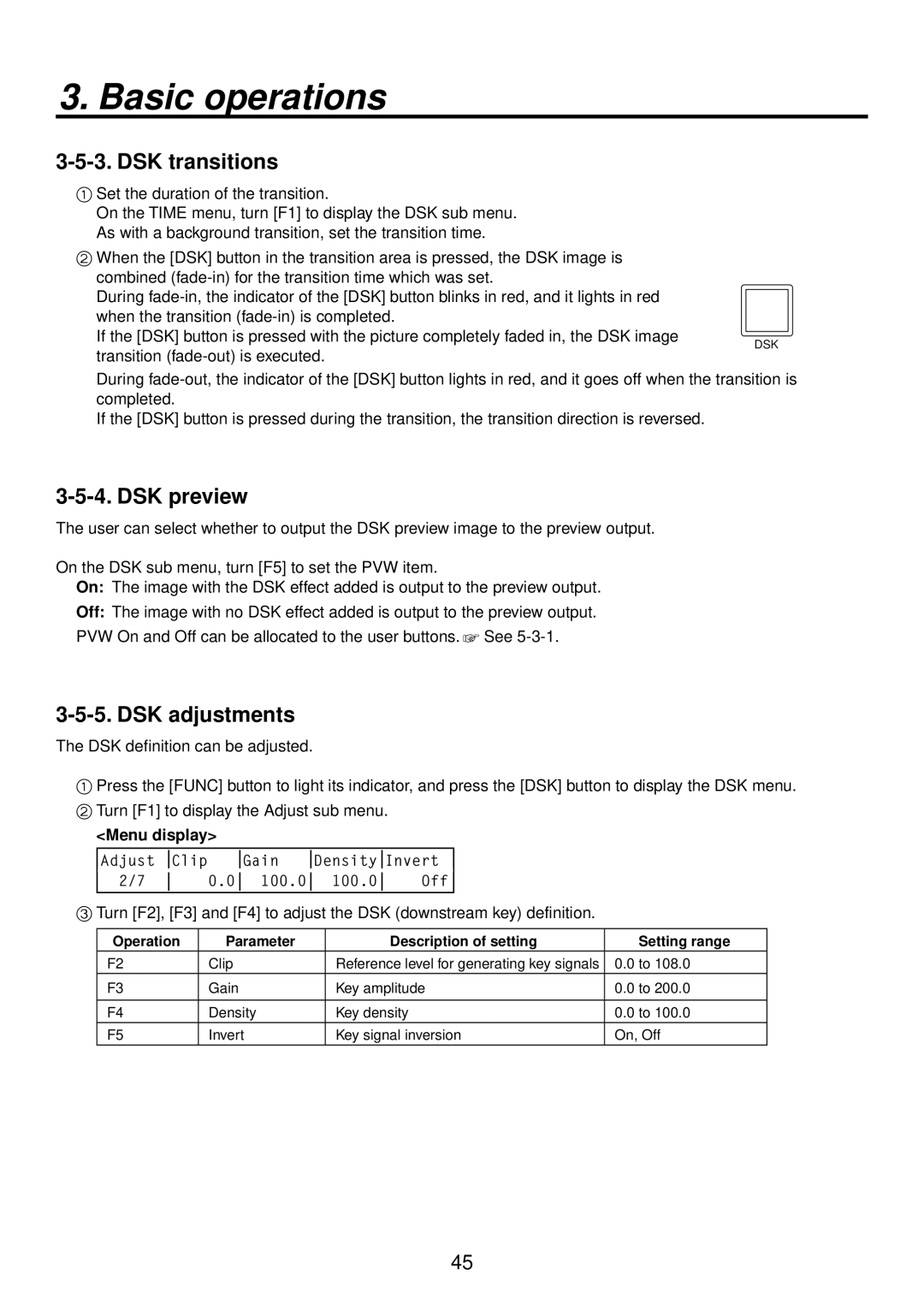 Panasonic AV-HS400AN manual DSK transitions, DSK preview, DSK adjustments, Basic operations, Menu display 