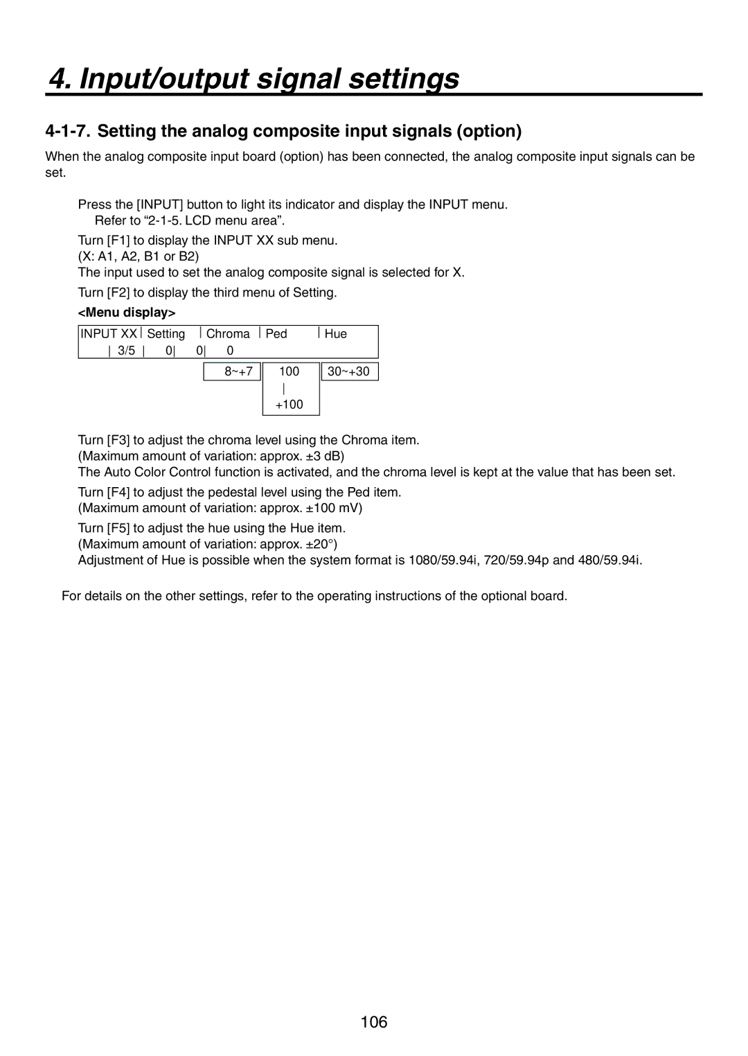 Panasonic AV-HS450N manual Setting the analog composite input signals option 