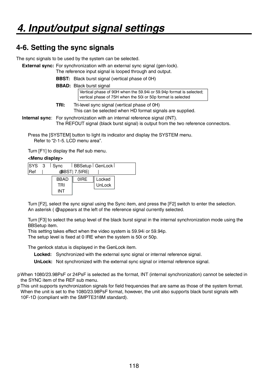 Panasonic AV-HS450N manual Setting the sync signals 