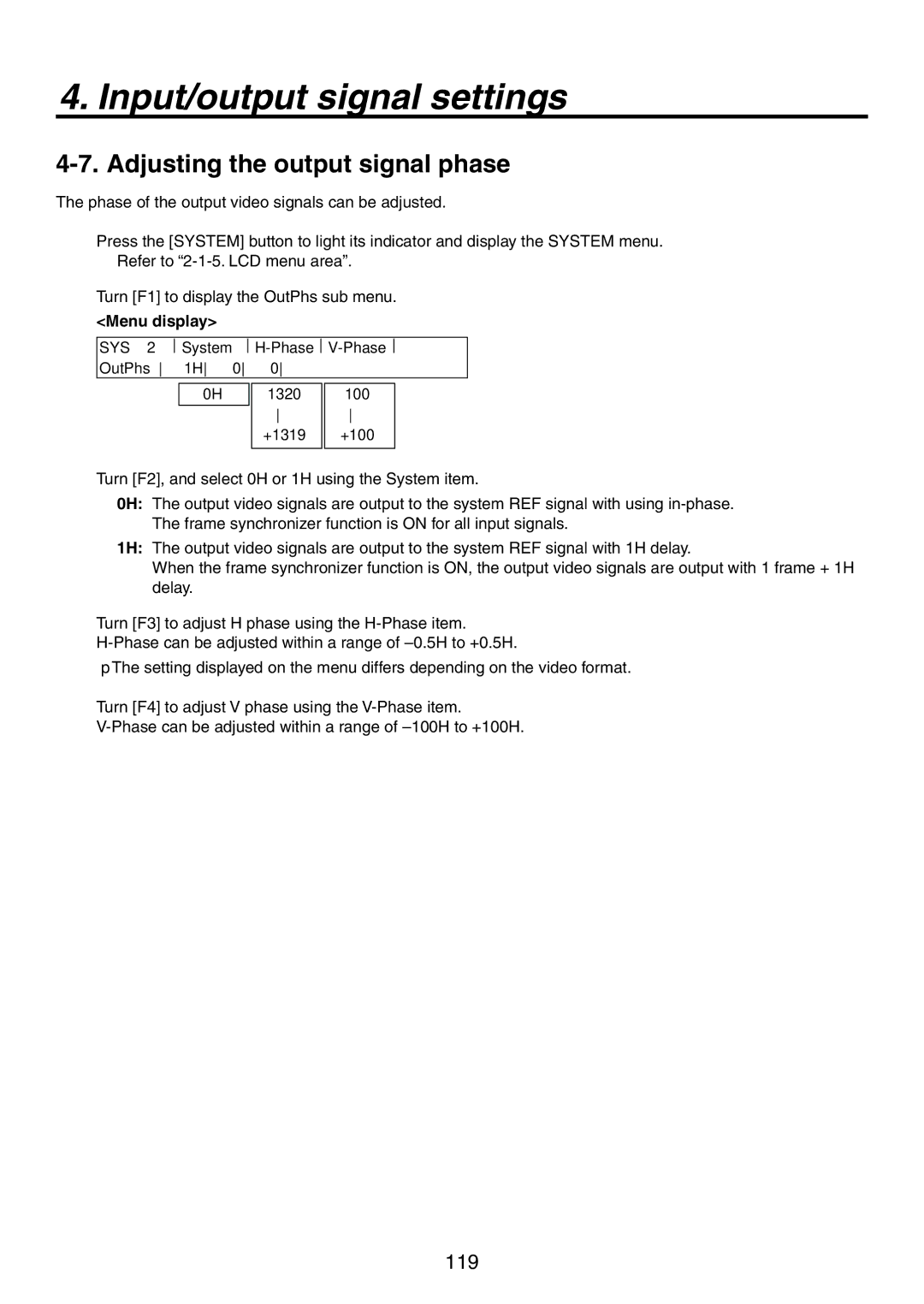 Panasonic AV-HS450N manual Adjusting the output signal phase 