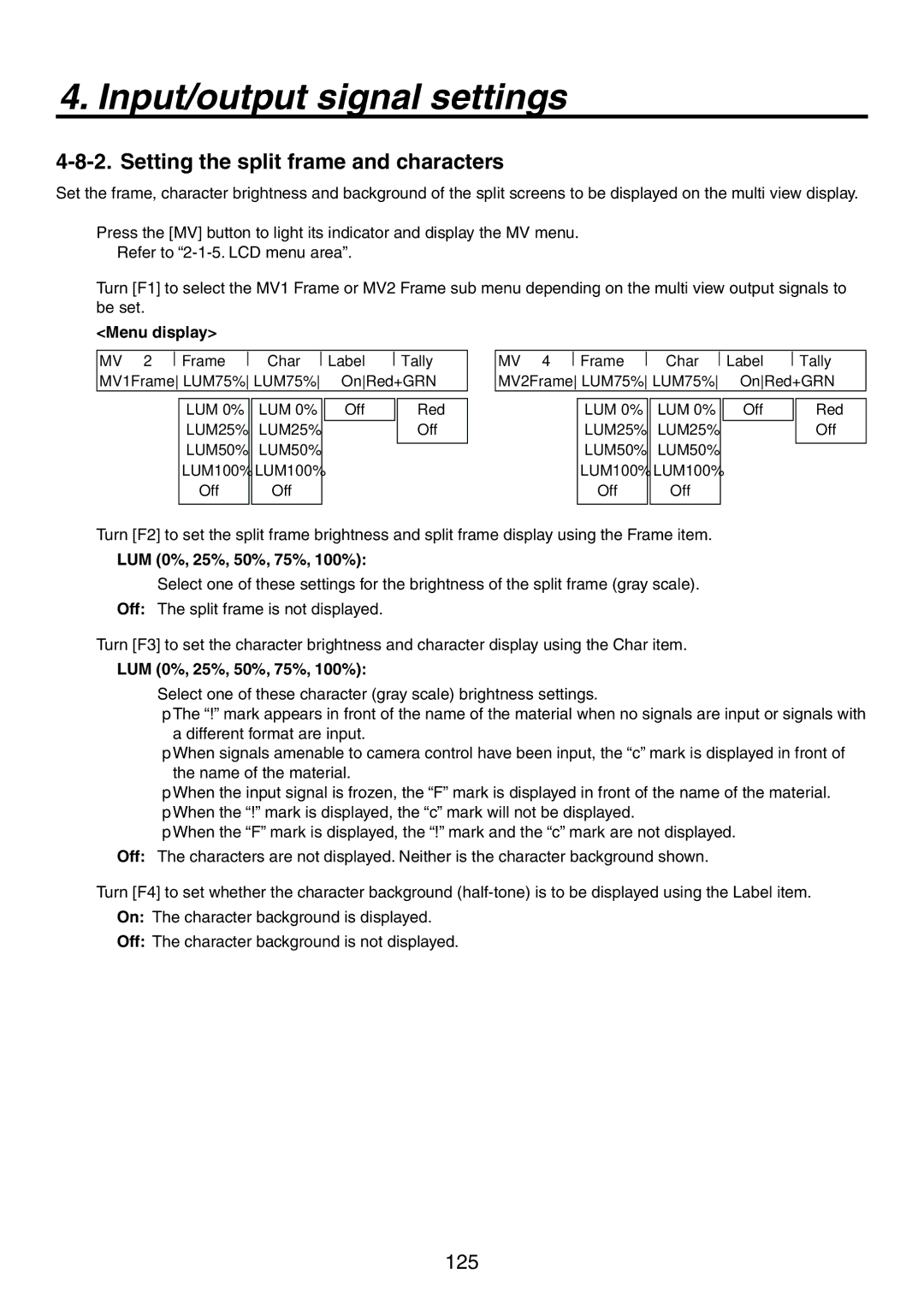 Panasonic AV-HS450N manual Setting the split frame and characters, LUM 0%, 25%, 50%, 75%, 100% 