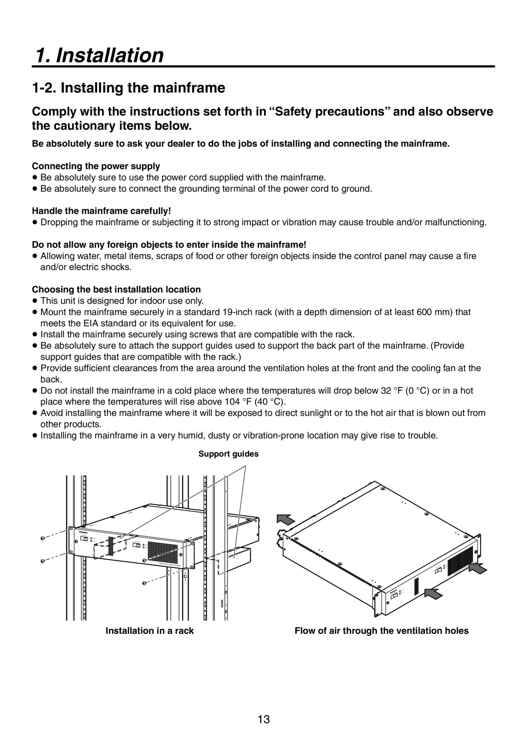 Panasonic AV-HS450N manual Installing the mainframe, Handle the mainframe carefully, Support guides 