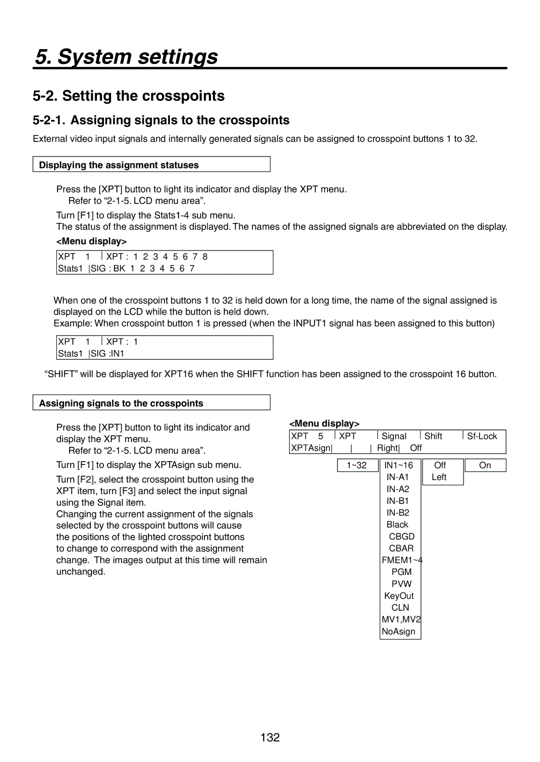 Panasonic AV-HS450N Setting the crosspoints, Assigning signals to the crosspoints, Displaying the assignment statuses 