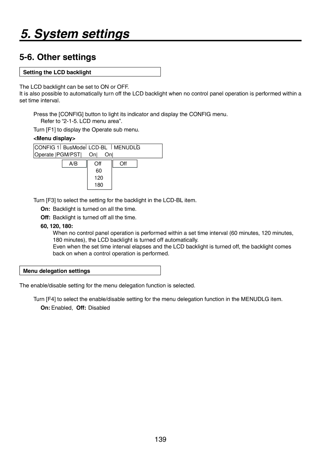 Panasonic AV-HS450N manual Other settings, Setting the LCD backlight, 60, 120, Menu delegation settings 