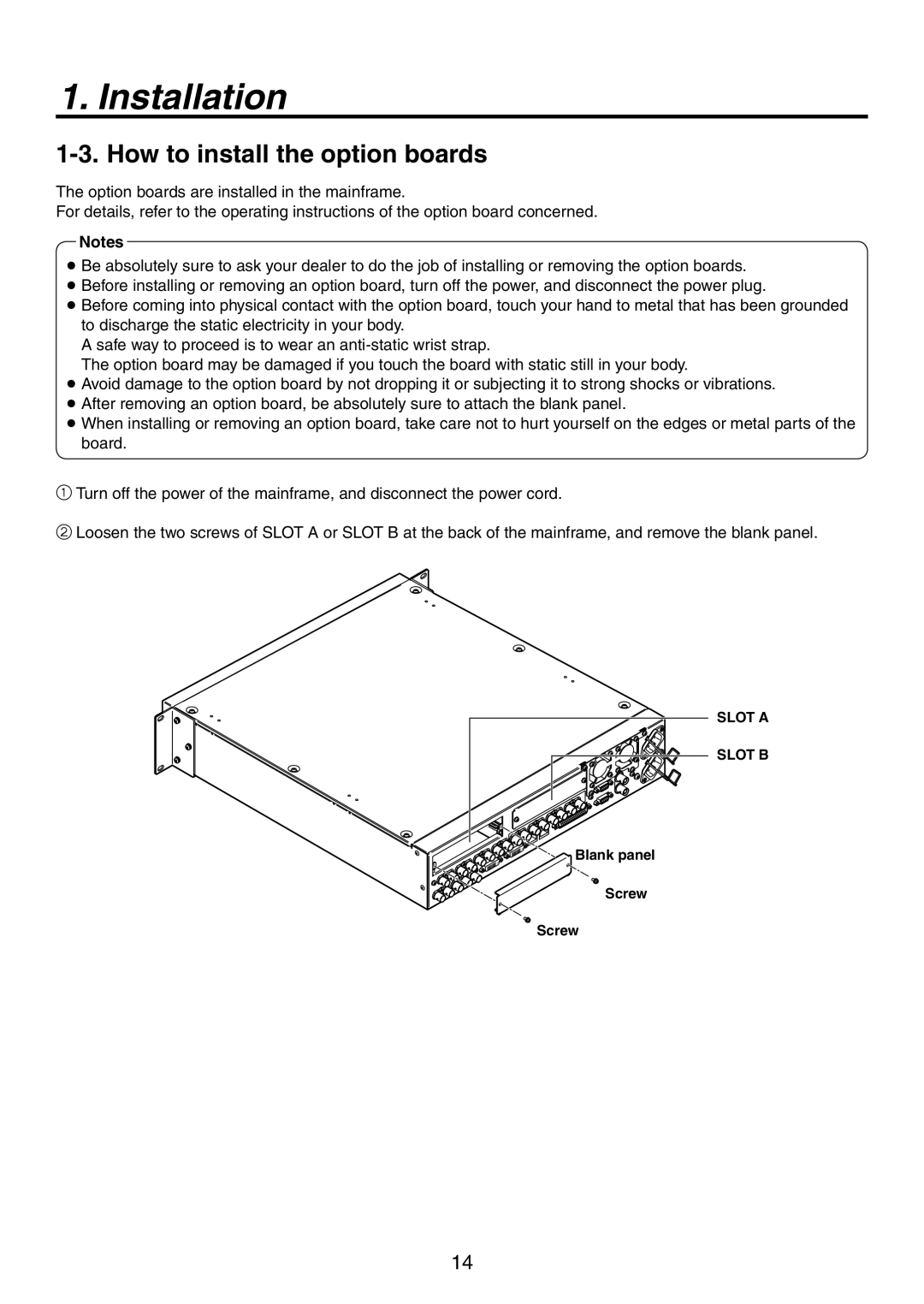 Panasonic AV-HS450N manual How to install the option boards, Slot a Slot B, Blank panel Screw 