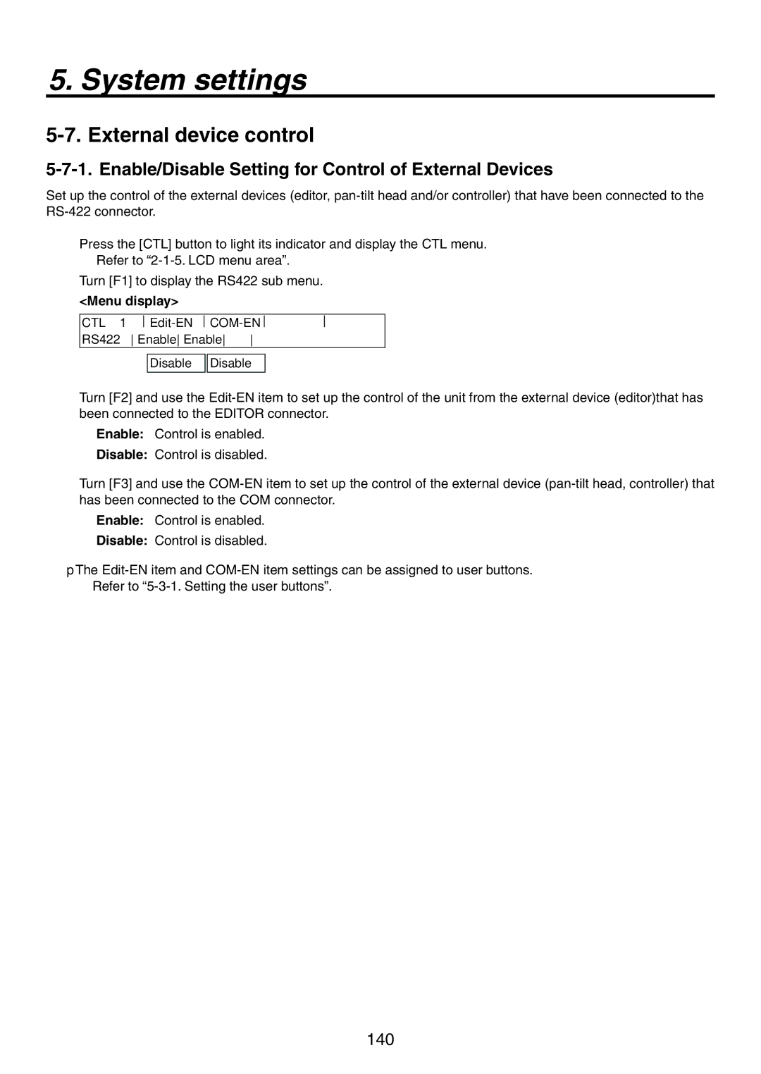 Panasonic AV-HS450N manual External device control, Enable/Disable Setting for Control of External Devices 