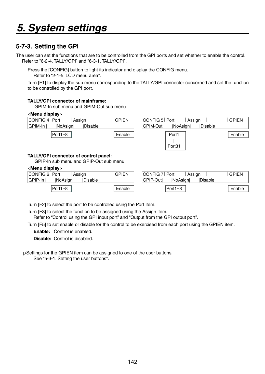 Panasonic AV-HS450N manual Setting the GPI, TALLY/GPI connector of mainframe, TALLY/GPI connector of control panel 