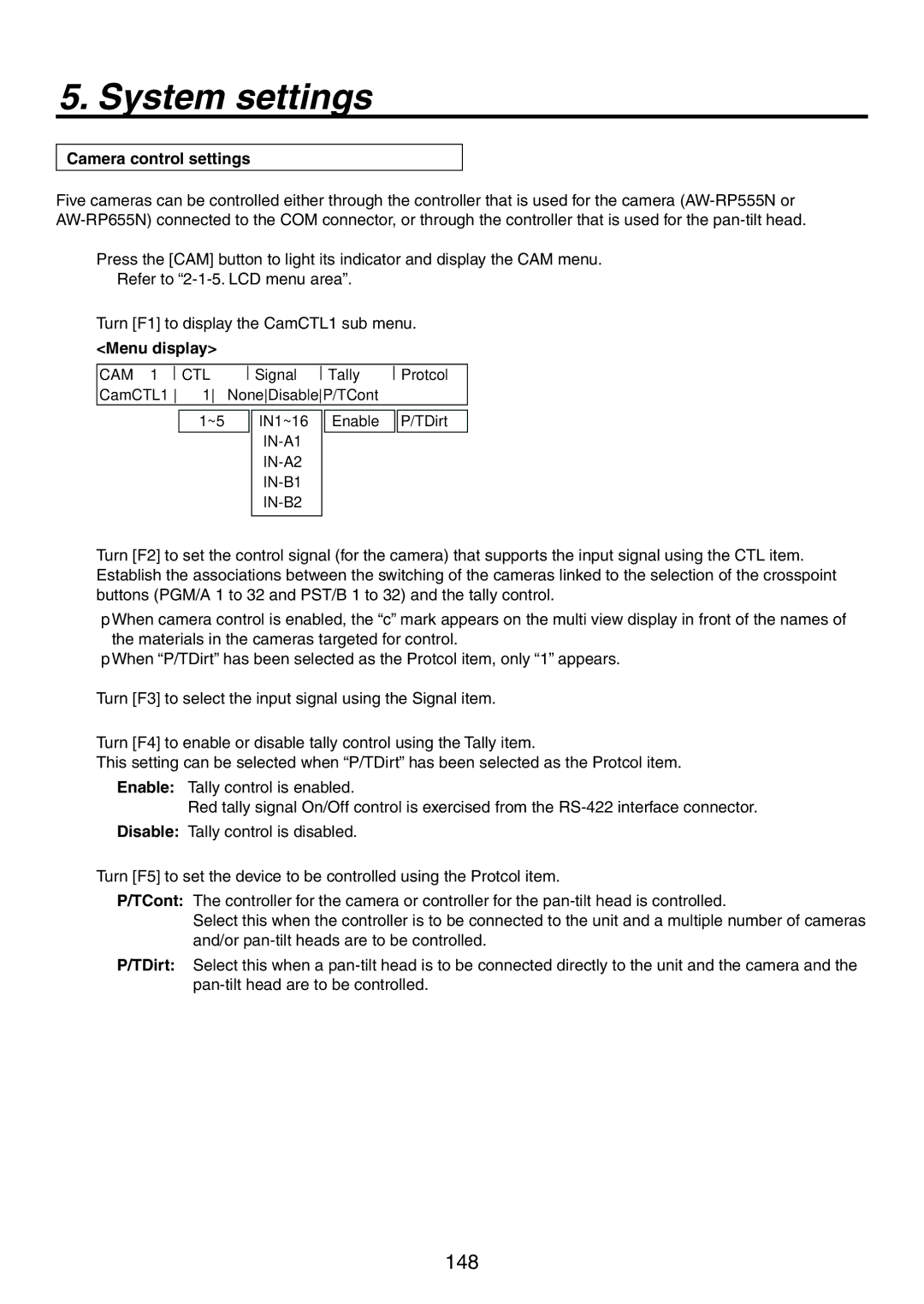 Panasonic AV-HS450N manual Camera control settings, Cam Ctl 