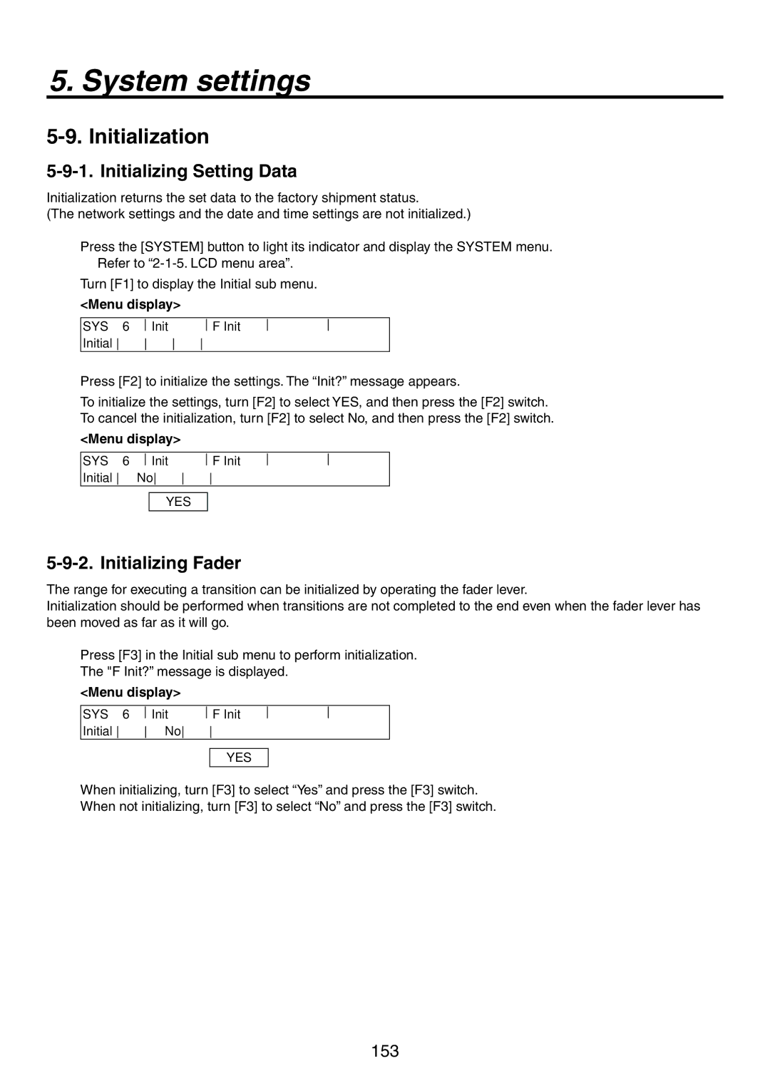 Panasonic AV-HS450N manual Initialization, Initializing Setting Data, Initializing Fader 