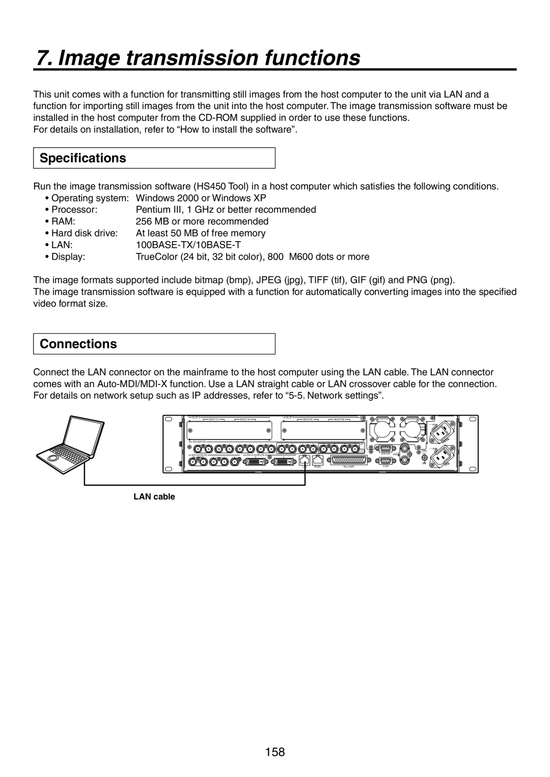 Panasonic AV-HS450N manual Image transmission functions, Specifications, Connections, LAN cable 