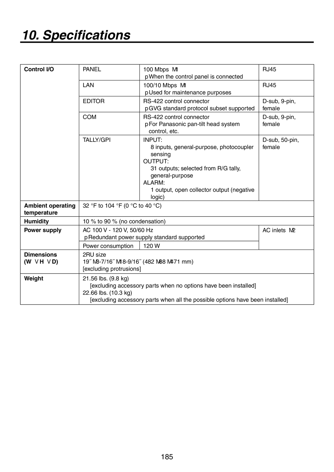 Panasonic AV-HS450N manual Control I/O, Ambient operating, Temperature Humidity, Power supply, Dimensions,  H  D, Weight 