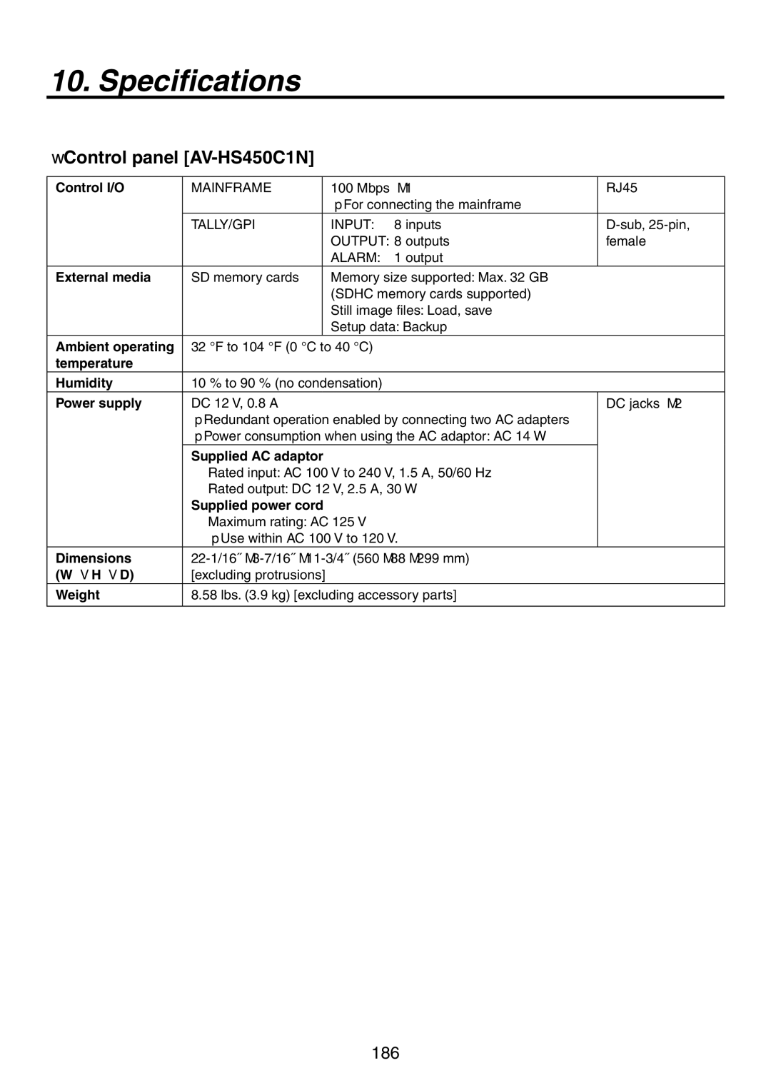 Panasonic AV-HS450N manual  Control panel AV-HS450C1N, External media, Supplied AC adaptor, Supplied power cord 