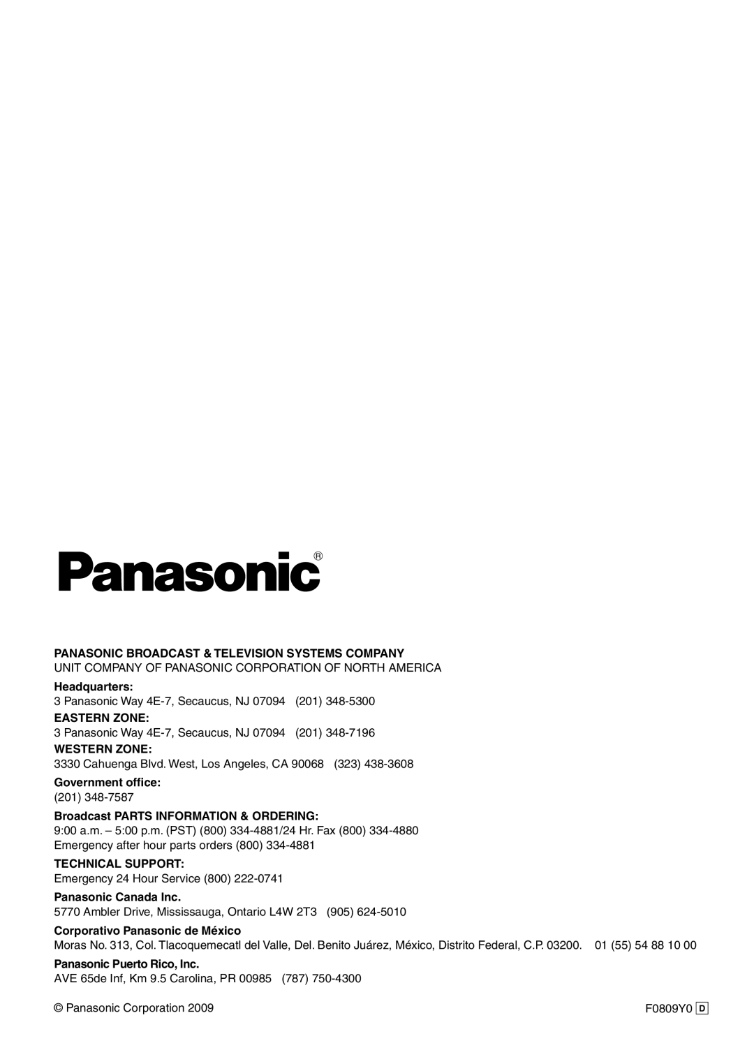 Panasonic AV-HS450N manual Panasonic Broadcast & Television Systems Company, Eastern Zone, Western Zone, Technical Support 