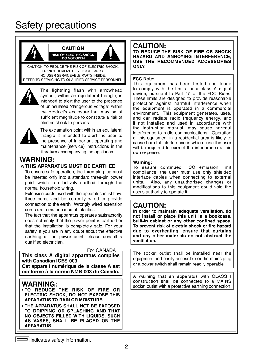 Panasonic AV-HS450N manual Safety precautions, FCC Note 