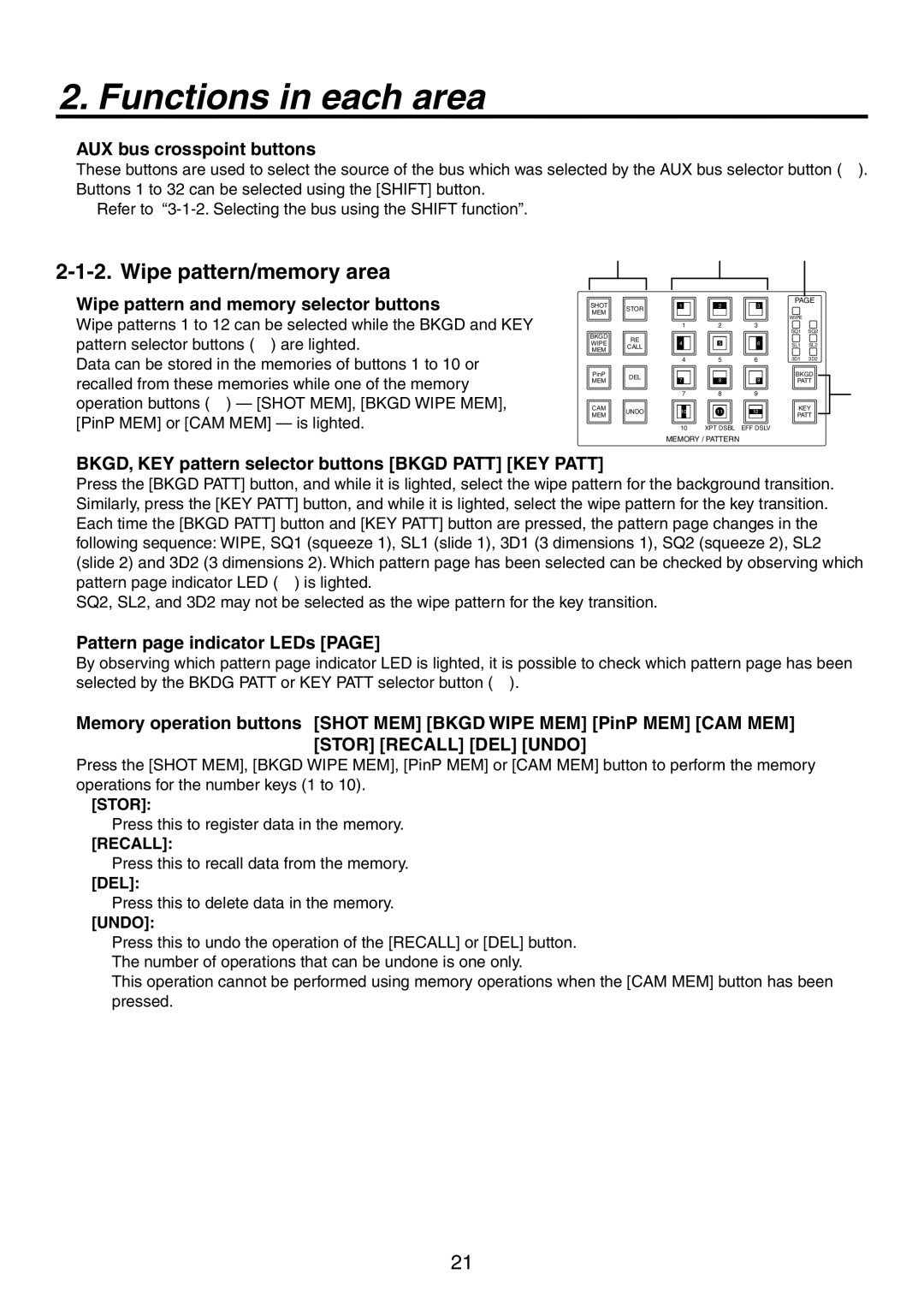 Panasonic AV-HS450N Wipe pattern/memory area,  AUX bus crosspoint buttons,  Wipe pattern and memory selector buttons 