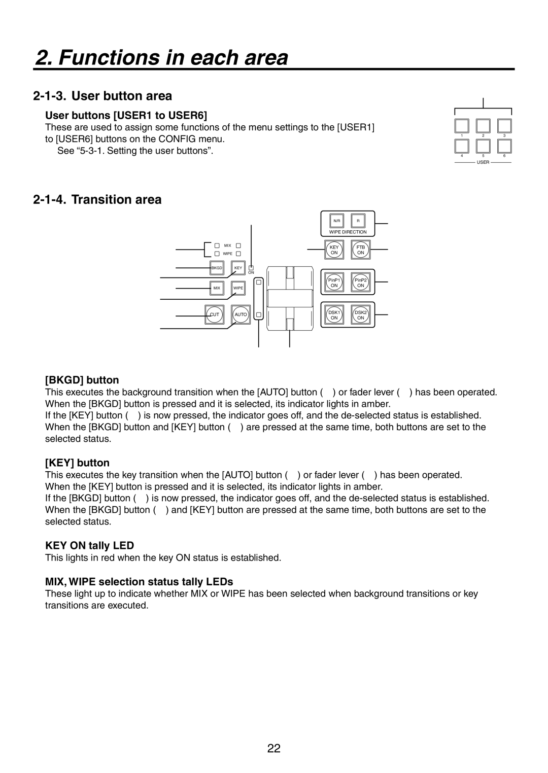 Panasonic AV-HS450N manual User button area, Transition area 