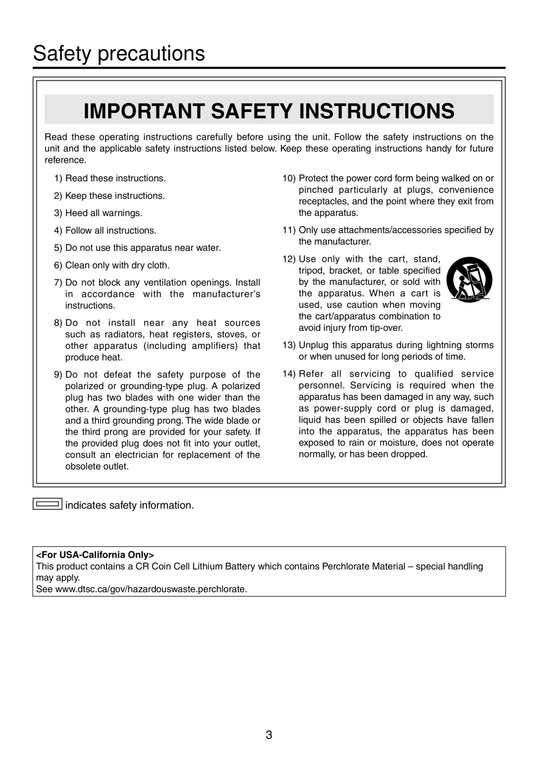 Panasonic AV-HS450N manual Important Safety Instructions, For USA-California Only 