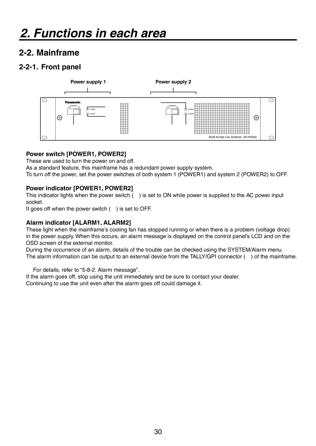 Panasonic AV-HS450N manual Mainframe, Front panel,  Power switch POWER1, POWER2,  Power indicator POWER1, POWER2 