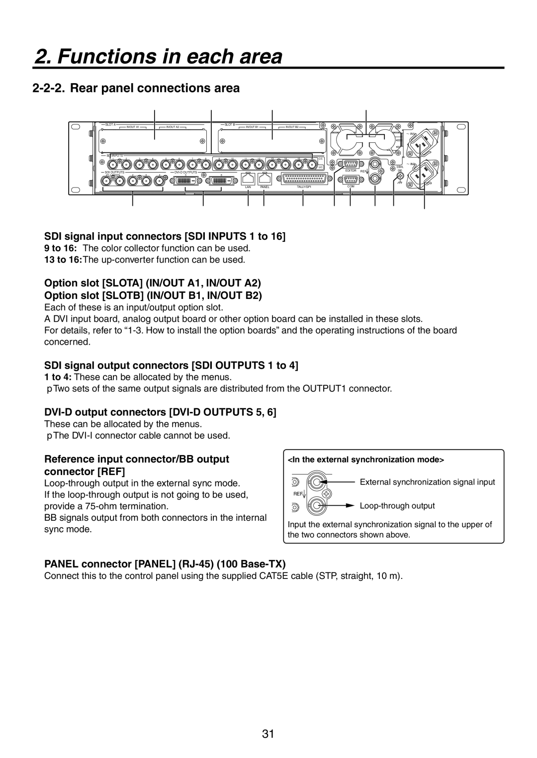 Panasonic AV-HS450N manual  SDI signal input connectors SDI Inputs 1 to,  SDI signal output connectors SDI Outputs 1 to 